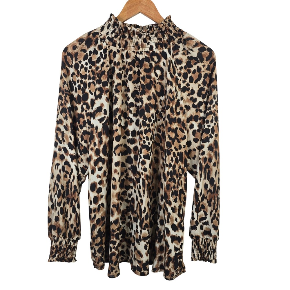 Chico's Leopard Print Smocked Mock Neck Blouse Size 3 XL Brown Long Sleeve Top